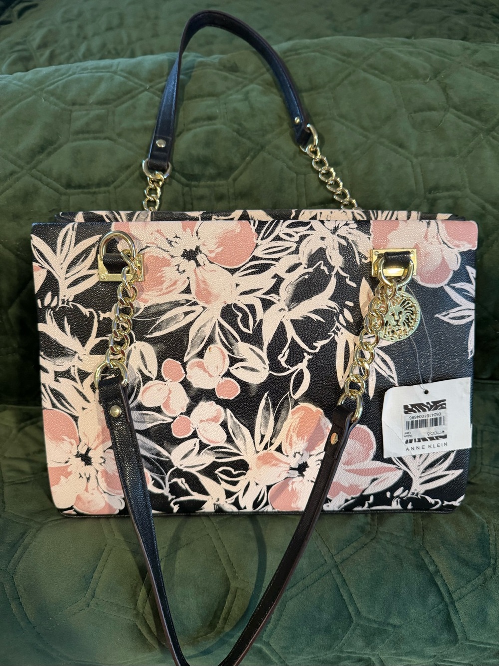 Anne Klein Black Floral Tote with Blush Accents